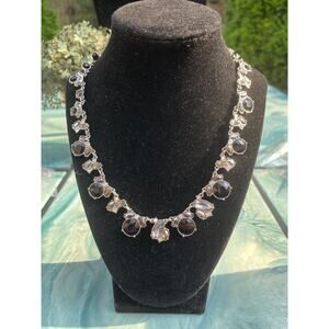 Signed Black & Clear Faceted Stone Statement Collar Necklace, Silver Tone